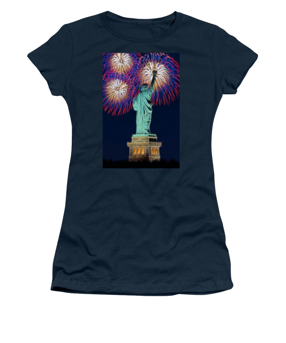 Statue Of Liberty Women's T-Shirt featuring the photograph Statue Of Liberty Fireworks by Susan Candelario