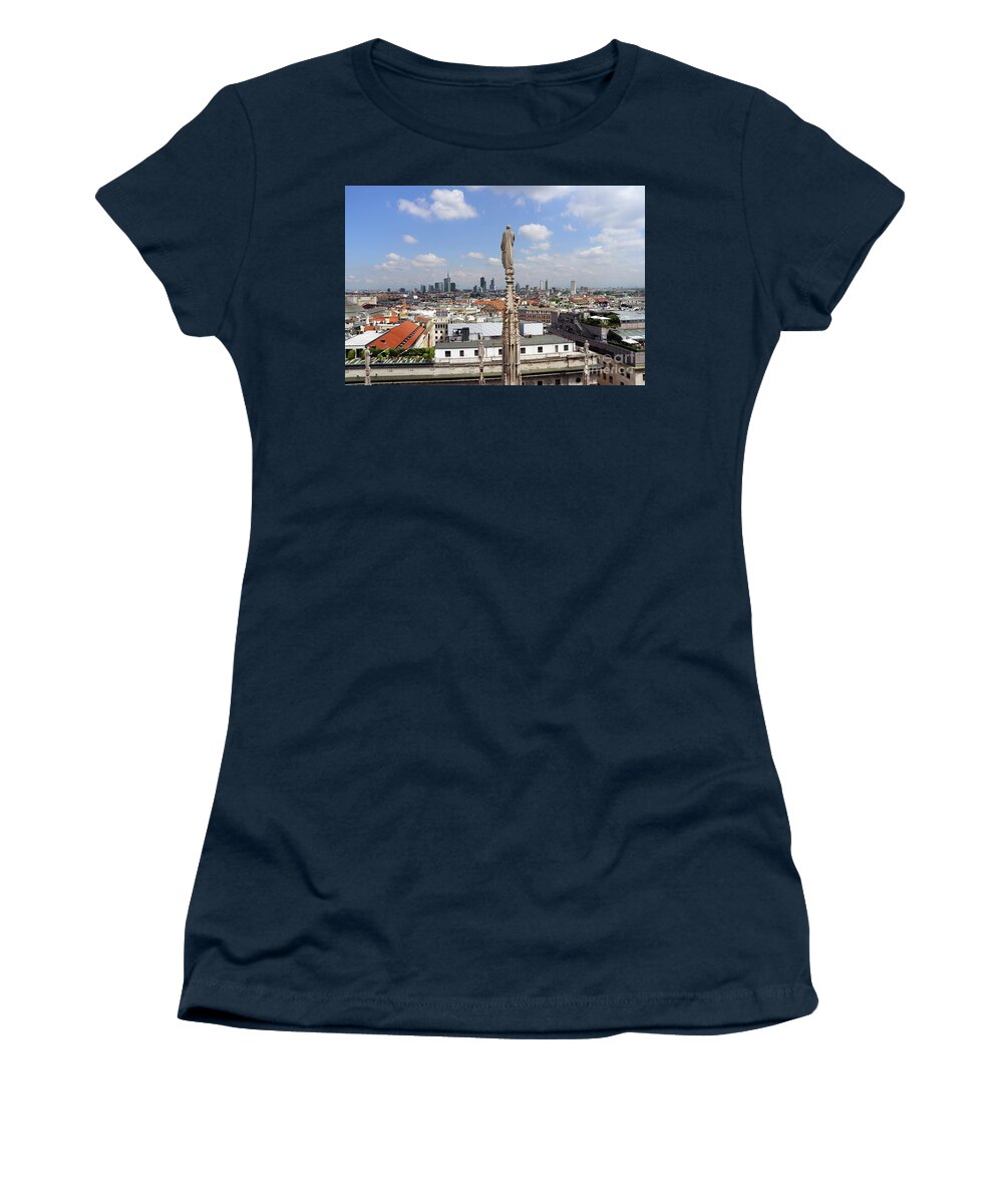 Milan Italy Women's T-Shirt featuring the photograph Statue Overlooking Milan 7740 by Jack Schultz