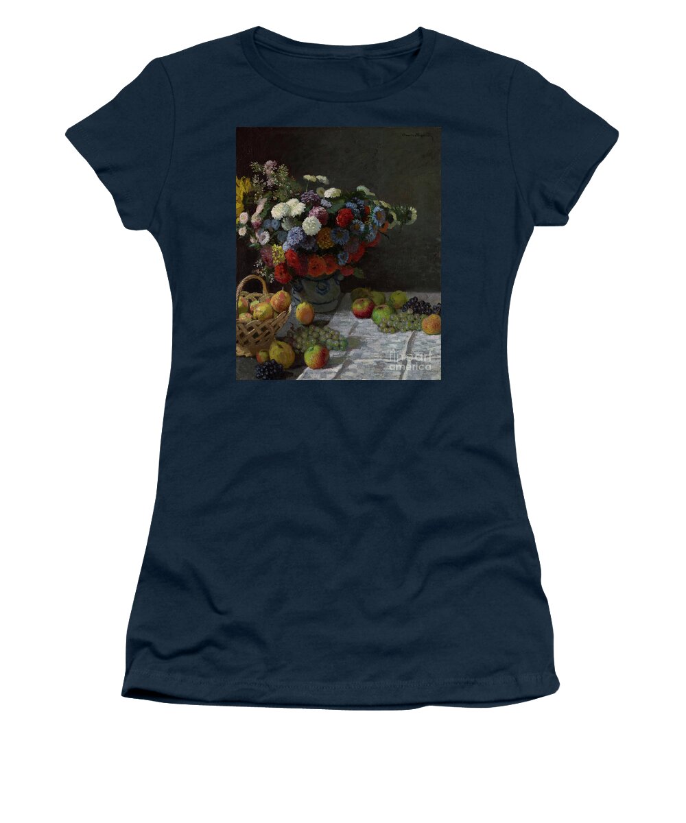 Famous Women's T-Shirt featuring the painting Still Life with Flowers and Fruit by Claude Monet by Esoterica Art Agency