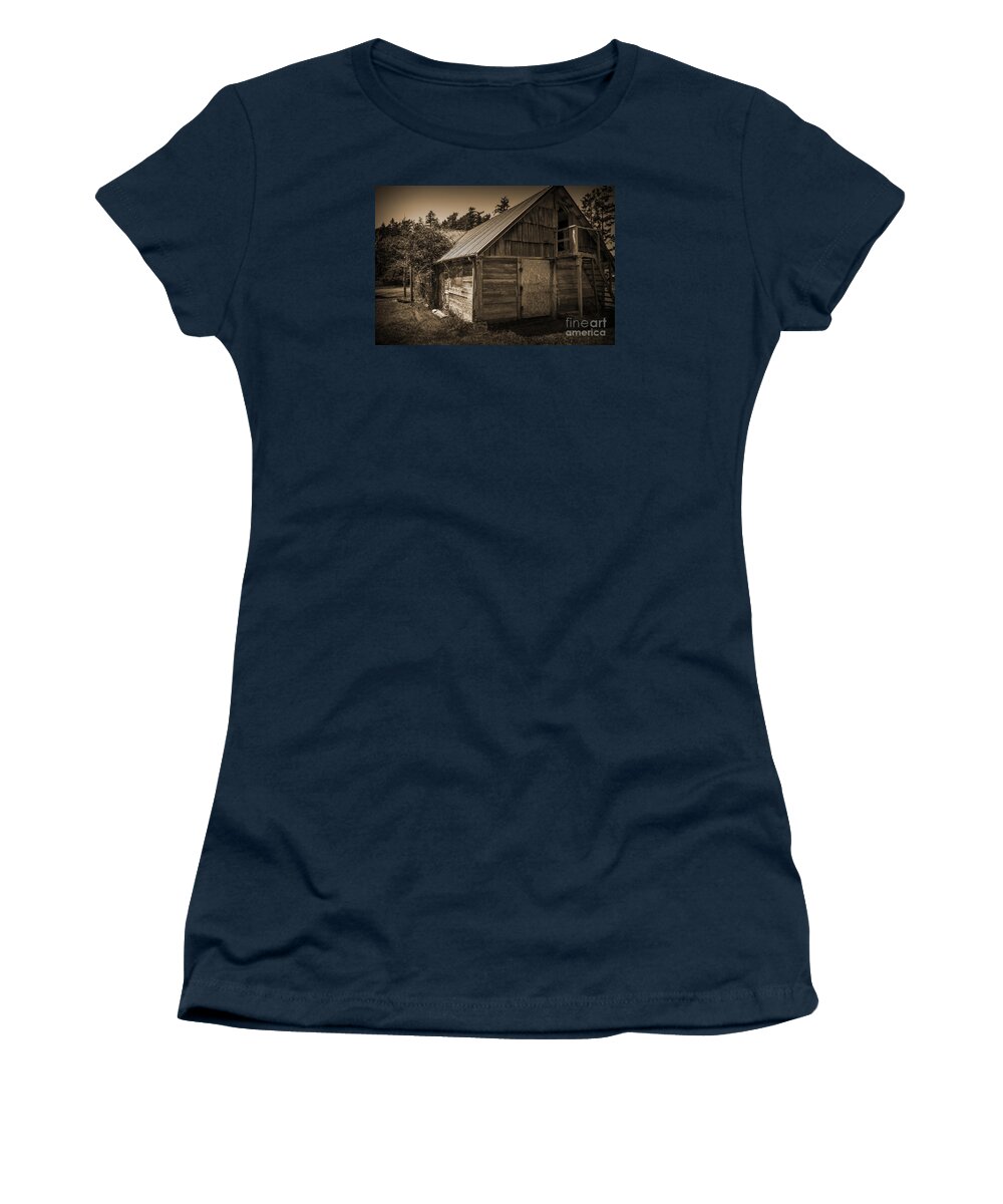 Storage-shed Women's T-Shirt featuring the photograph Storage Shed In Sepia by Kirt Tisdale