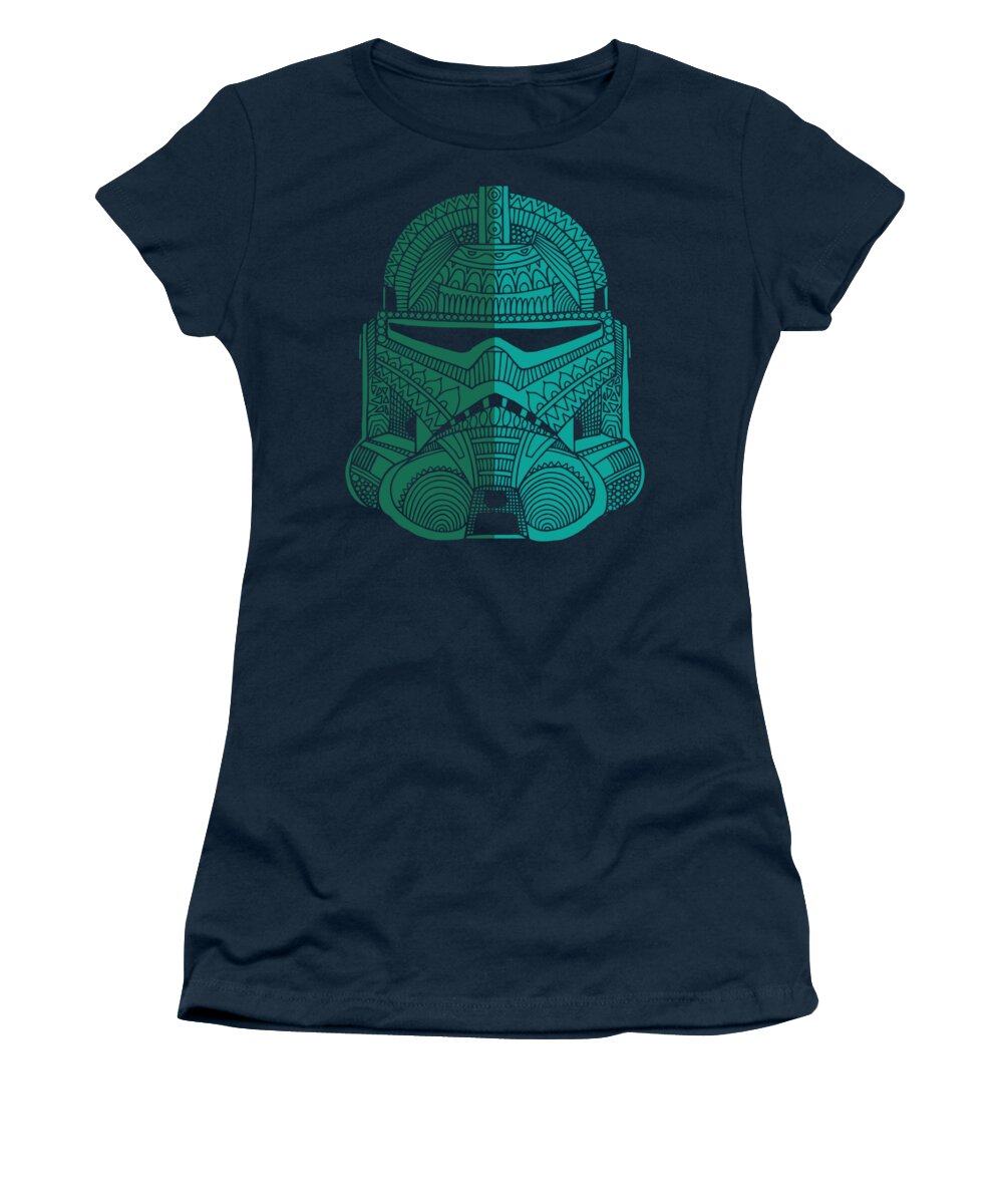 Stormtrooper Women's T-Shirt featuring the mixed media Stormtrooper Helmet - Star Wars Art - Blue Green by Studio Grafiikka