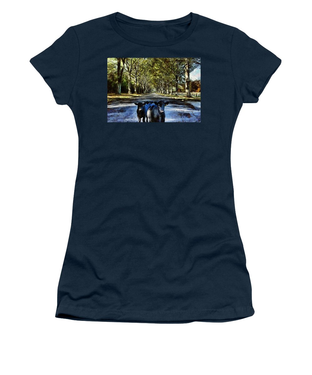 Laneway Women's T-Shirt featuring the digital art Street Cows by JGracey Stinson