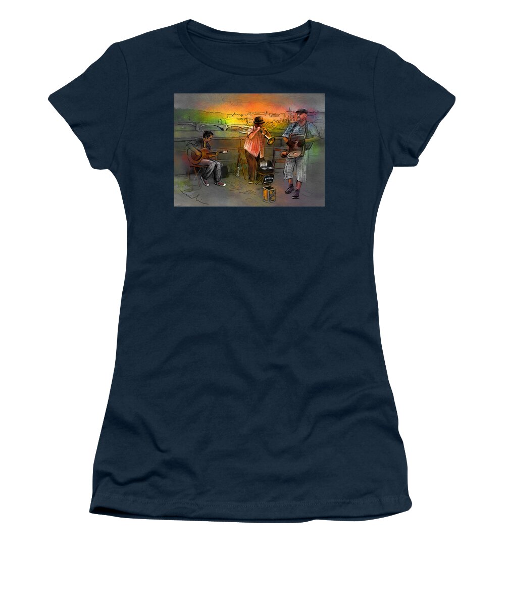 Music Women's T-Shirt featuring the painting Street Musicians in Prague in the Czech Republic 03 by Miki De Goodaboom