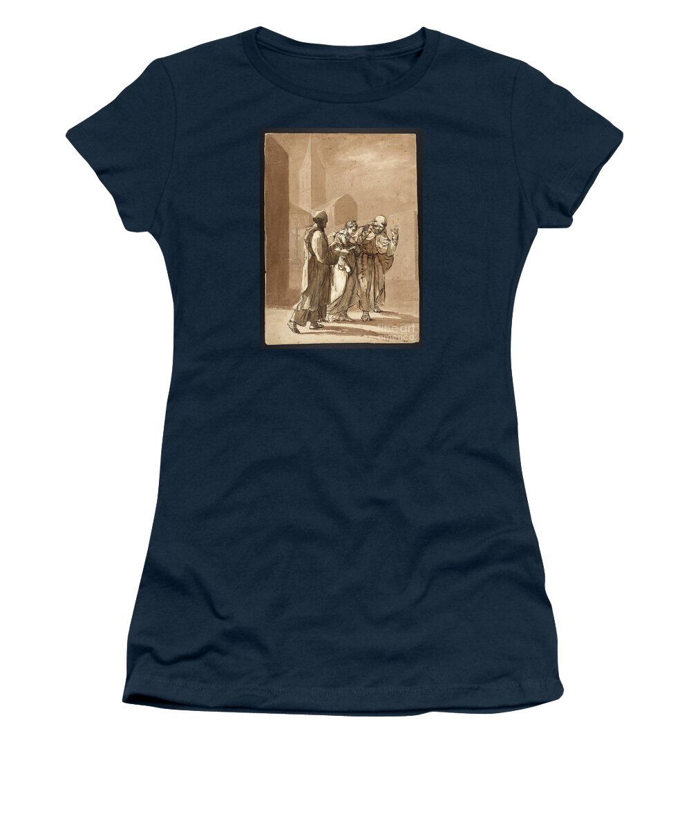 British School 19th Century 1800�1899 Title Jane Shore Doing Penance Through The Streets Of London Between Two Monks Women's T-Shirt featuring the painting Streets of London between Two Monks by MotionAge Designs