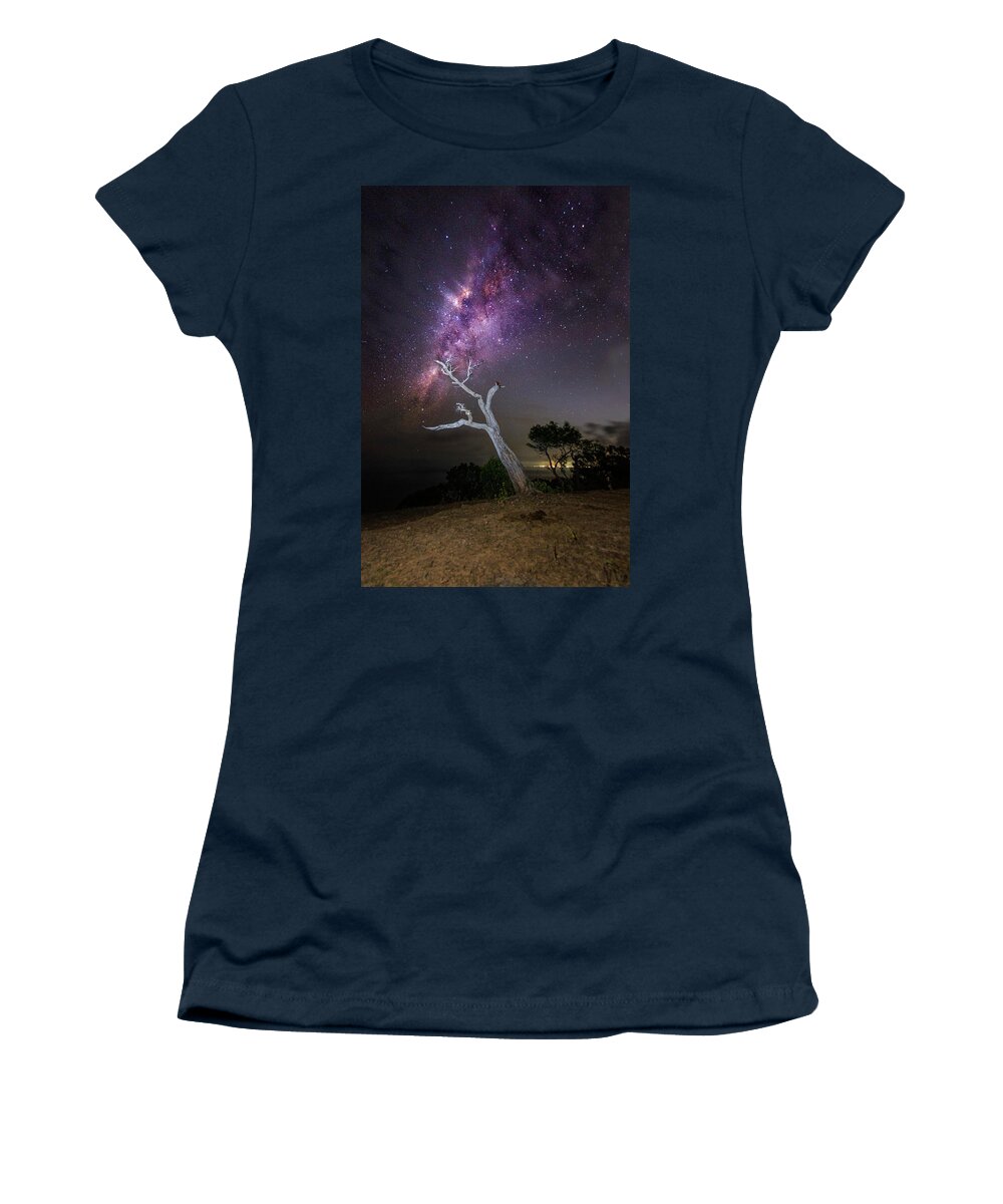 Travel Women's T-Shirt featuring the photograph Striking Milkyway Over A Lone Tree by Pradeep Raja Prints
