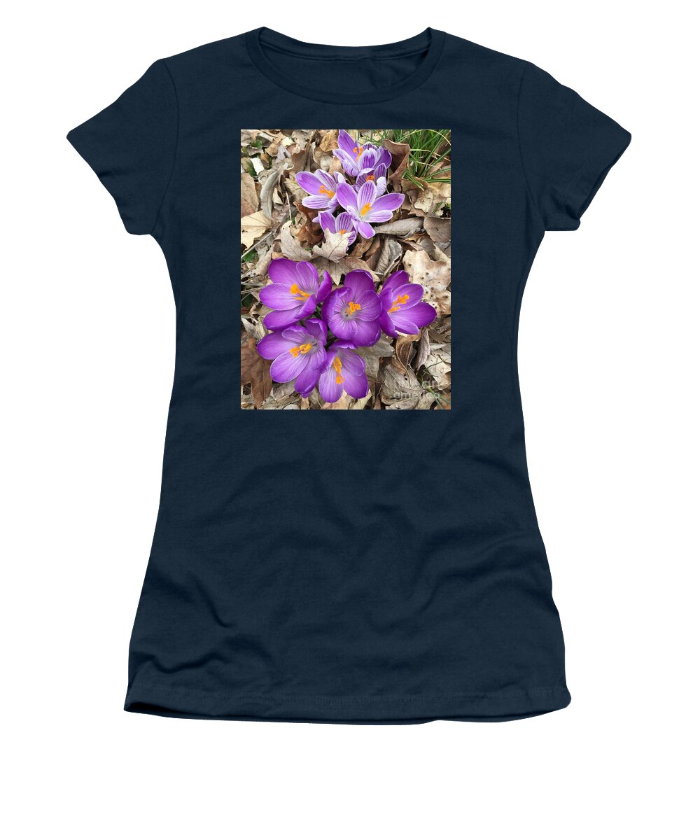 Crocus Women's T-Shirt featuring the painting Striped Beauty and Purple Sensation Crocuses by Rand Burns