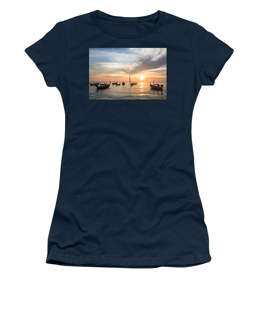 Koh Lanta Women's T-Shirt featuring the photograph Stunning sunset over wooden boats in Koh Lanta in Thailand by Didier Marti