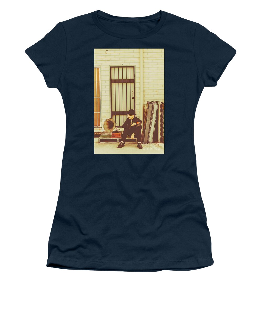 Record Women's T-Shirt featuring the photograph Stylish man with LP beside gramophone by Jorgo Photography
