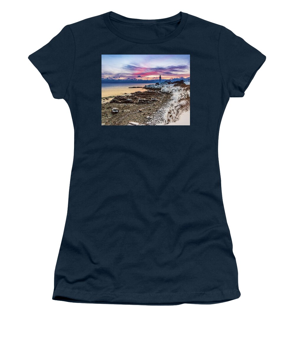 Sunrise Women's T-Shirt featuring the photograph Subtle Sunrise at Portland Head Light by Darryl Hendricks
