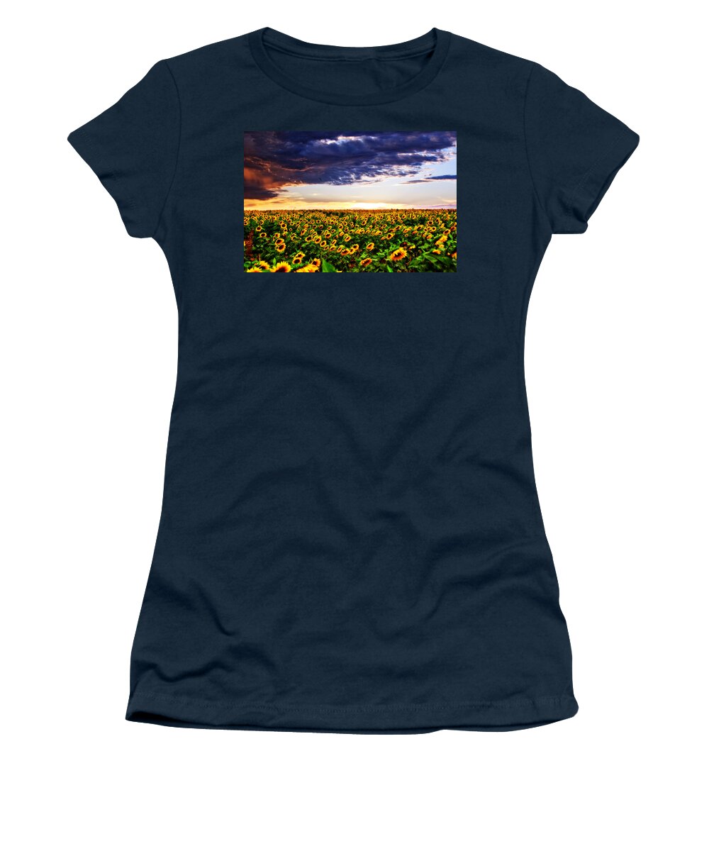 Clouds Women's T-Shirt featuring the photograph Sunflowers at Sunset by Eric Benjamin