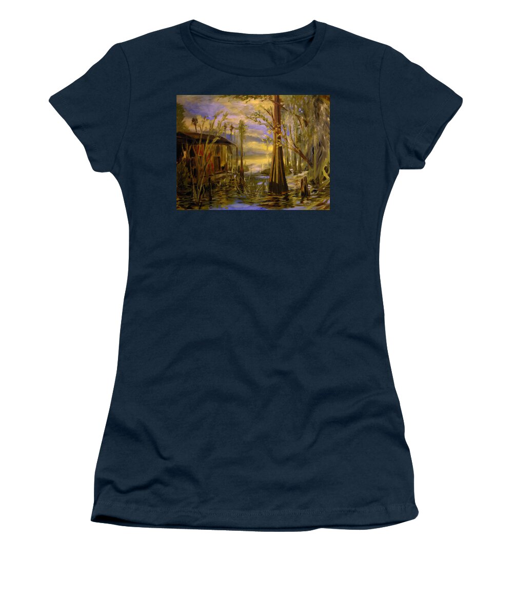 Swamp Women's T-Shirt featuring the painting Sunlight on the swamp by Julianne Felton