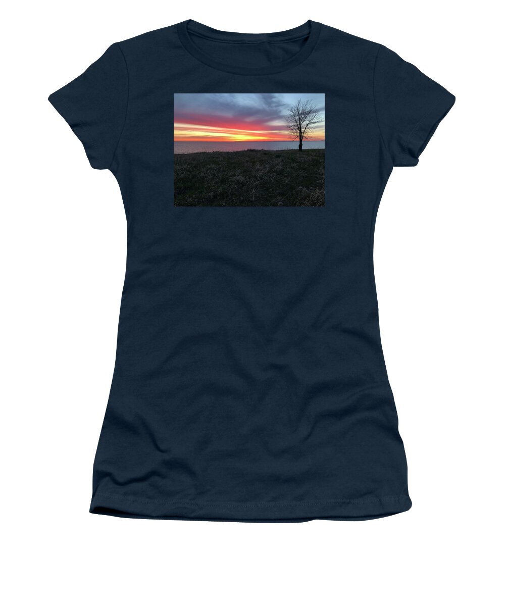 Sunrise; Lake Sakakawea; Lake Sakakawea State Park; North Dakota State Parks; North Dakatoa Places; Spring Must Wait; Rambling.obhf Women's T-Shirt featuring the photograph Sunrise at Lake Sakakawea by Joel Deutsch