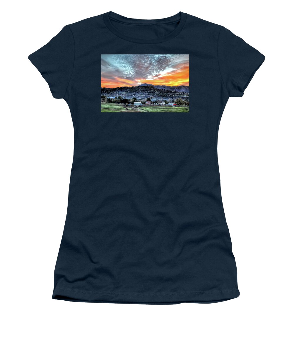 Landscape Sunrise Barn Farm Ranch Tree Mountain Women's T-Shirt featuring the photograph Sunrise in Oak View by Wendell Ward