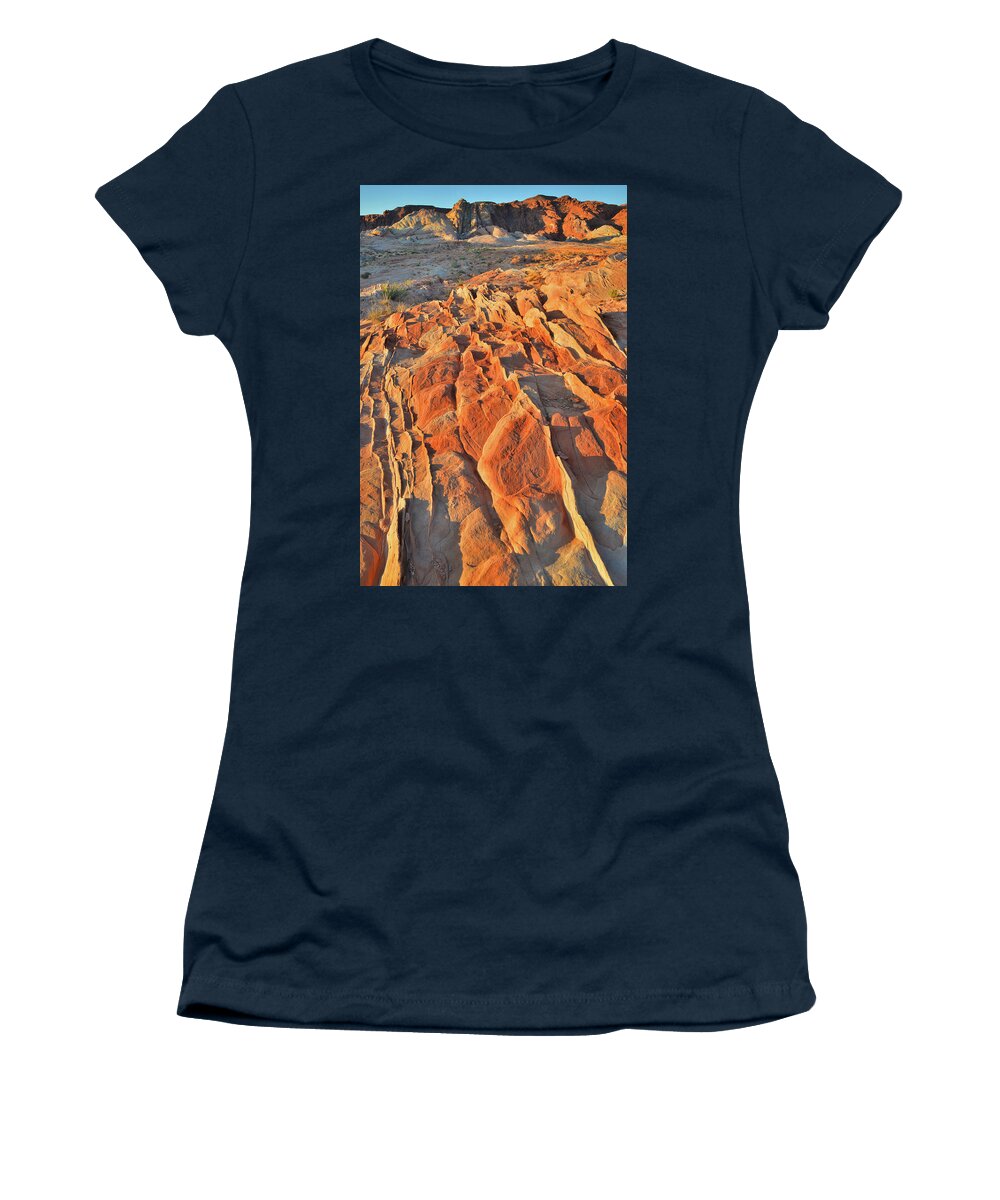 Valley Of Fire State Park Women's T-Shirt featuring the photograph Sunrise of Waves of Sandstone in Valley of Fire by Ray Mathis