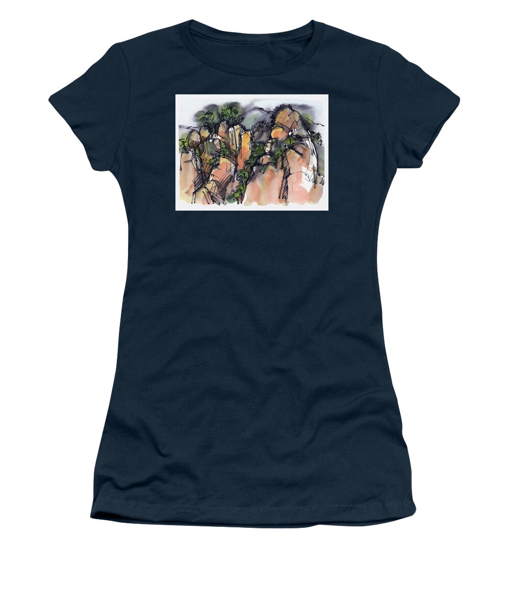Landscape Women's T-Shirt featuring the painting Sunrise on the Yellow Mountain, China by Judith Kunzle