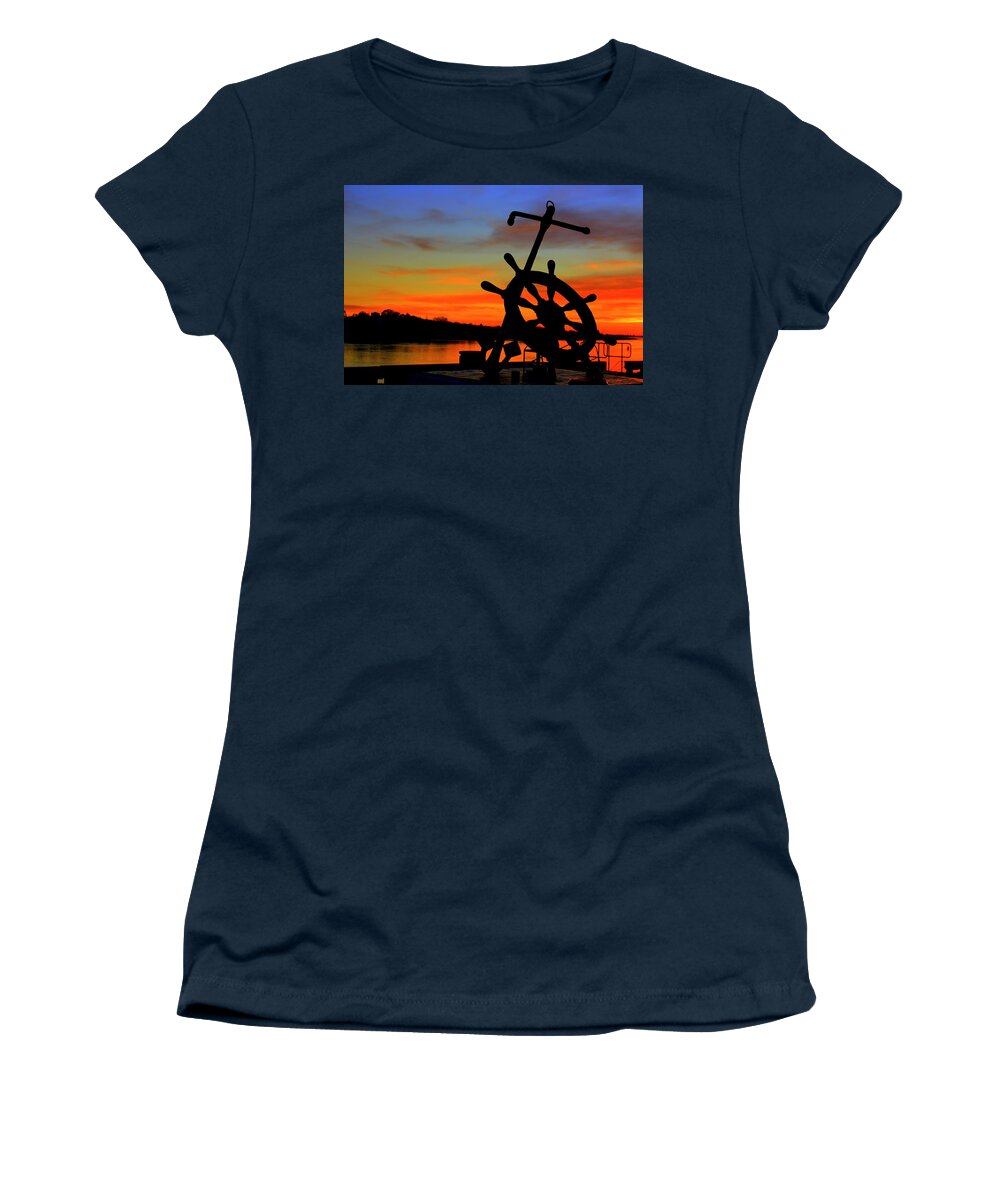 Sunrise Women's T-Shirt featuring the photograph Sunrise Over the Captain's Wheel by Suzanne DeGeorge