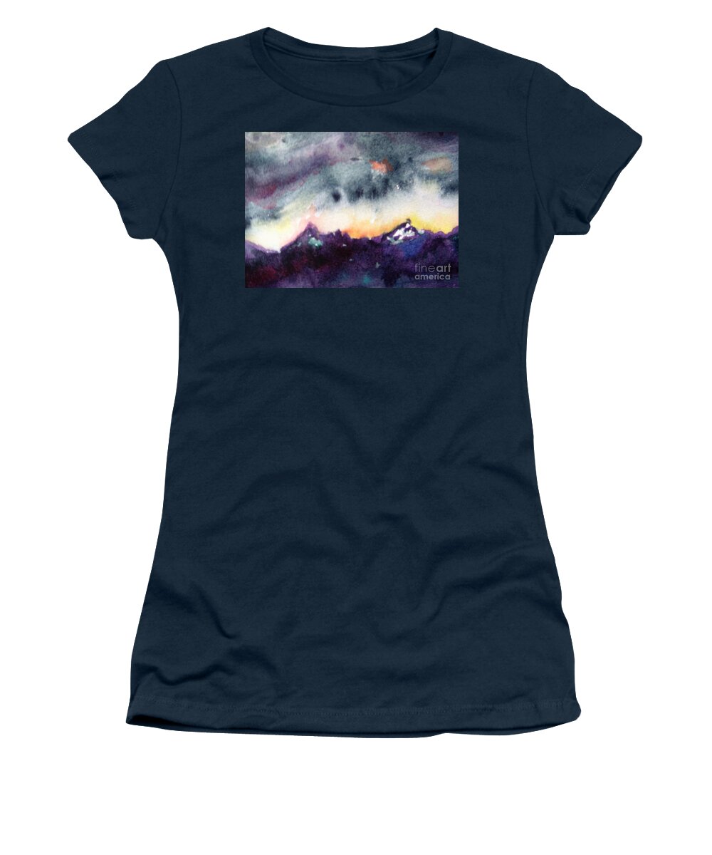 Sunrise Women's T-Shirt featuring the painting Sunrise over the jagged crag with alien sky by Angela Cartner