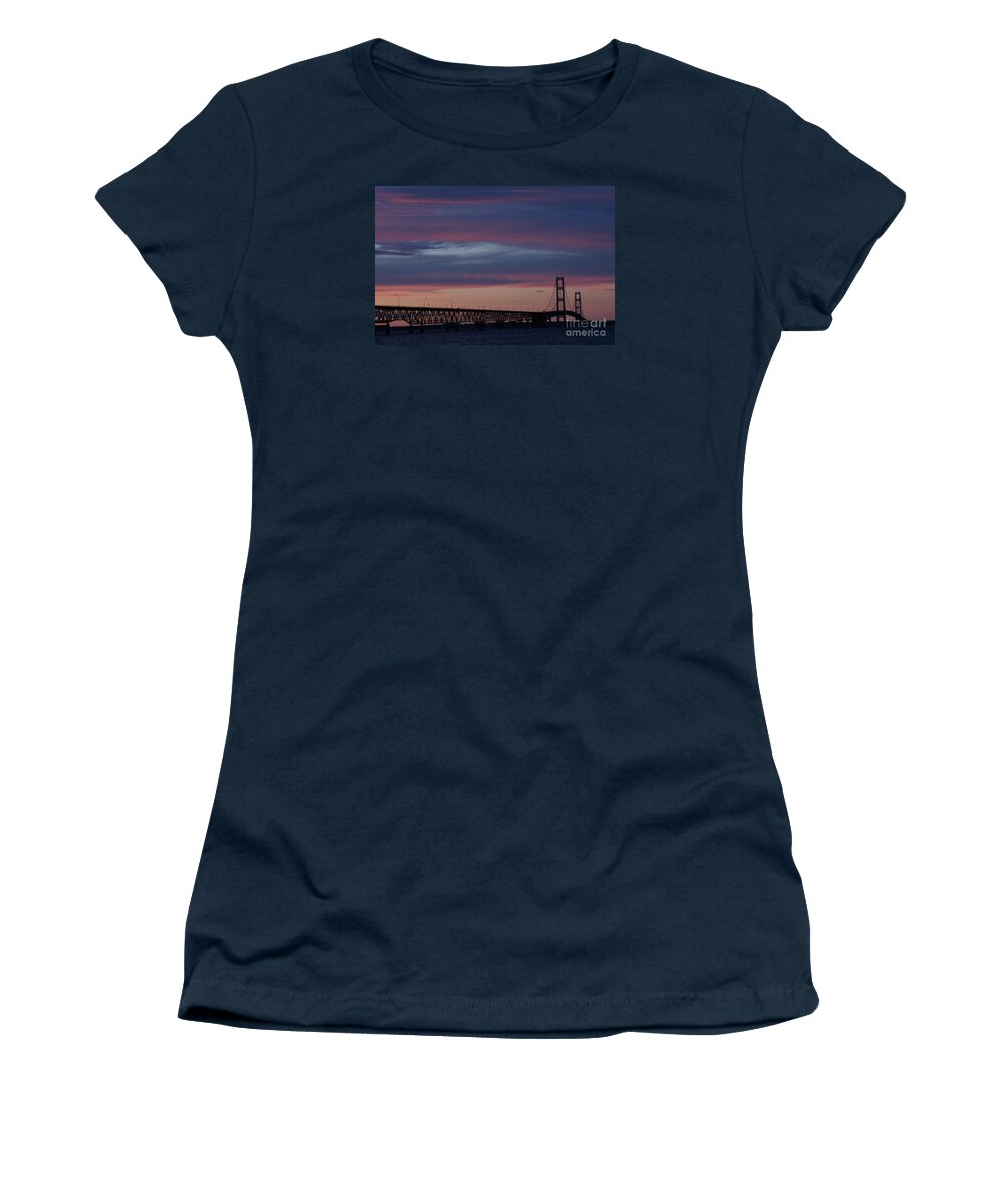 Mackinaw City Women's T-Shirt featuring the photograph Sunset Bridge by Linda Shafer