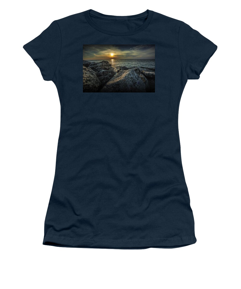 Sea Women's T-Shirt featuring the photograph Sunset from the Channel Breakwater Rocks by Randall Nyhof