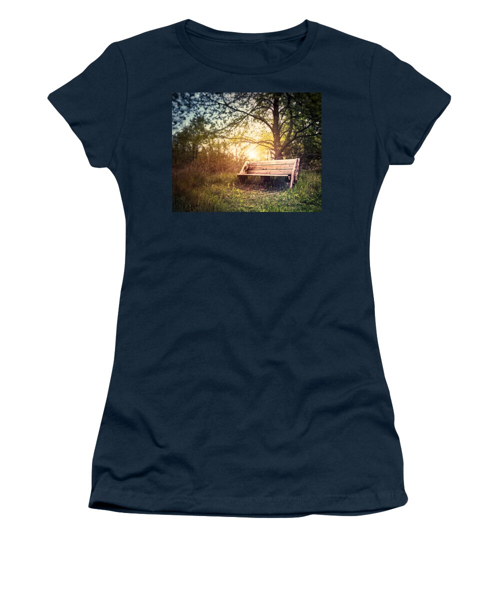 Landscape Women's T-Shirt featuring the photograph Sunset on a Wooden Bench by Scott Norris