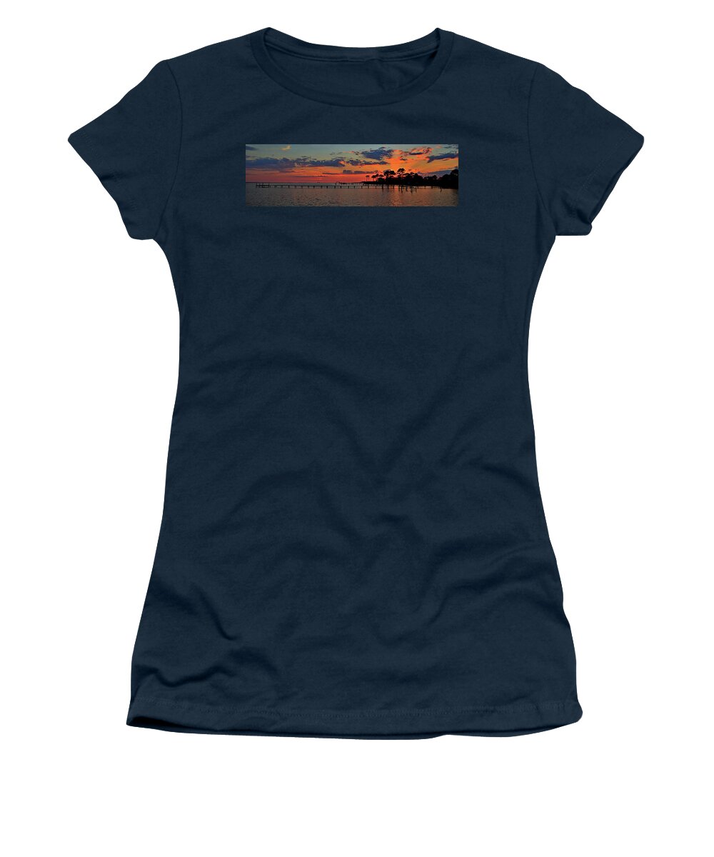 10 September 2012 Women's T-Shirt featuring the photograph Sunset Rays on Santa Rosa Sound Panoramic by Jeff at JSJ Photography