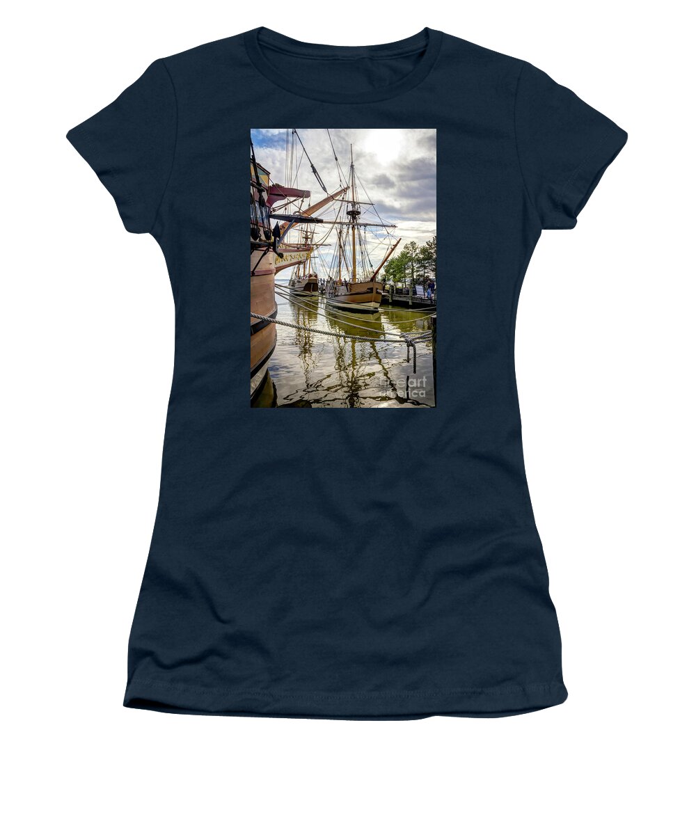 Susan Constant Women's T-Shirt featuring the photograph Susan Constant, Godspeed and Discovery Jamestown Virginia by Karen Jorstad