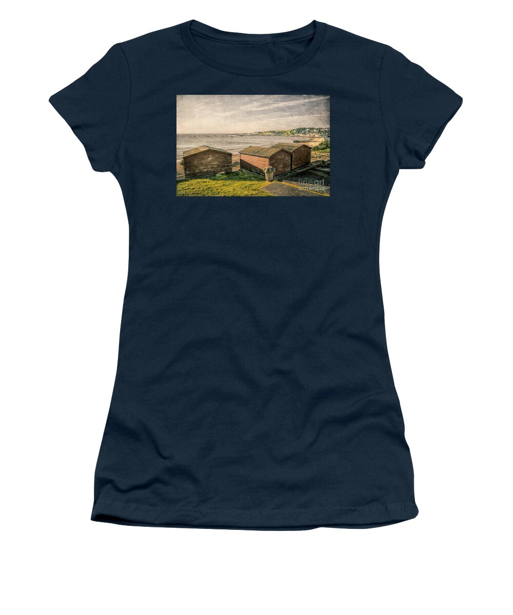 Swanage Women's T-Shirt featuring the mixed media Swanage Beach huts and the Bay by Linsey Williams