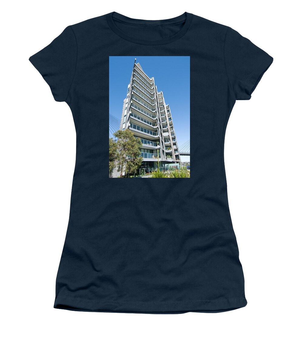 Sunnypicsoiz.com Women's T-Shirt featuring the photograph Sydney Skyscraper with Bright Blue Sky by Geoff Childs