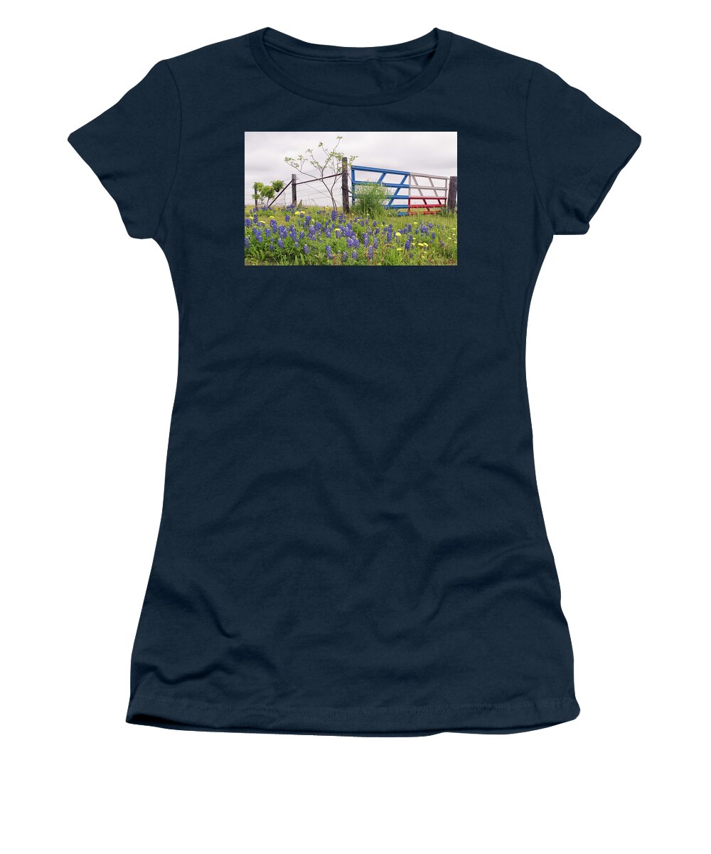 Blue Flowers Women's T-Shirt featuring the photograph Texas Ranch Gate by Victor Culpepper