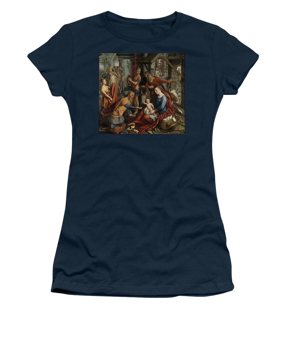  Women's T-Shirt featuring the painting The Adoration of the Magi, 1560 by Vincent Monozlay