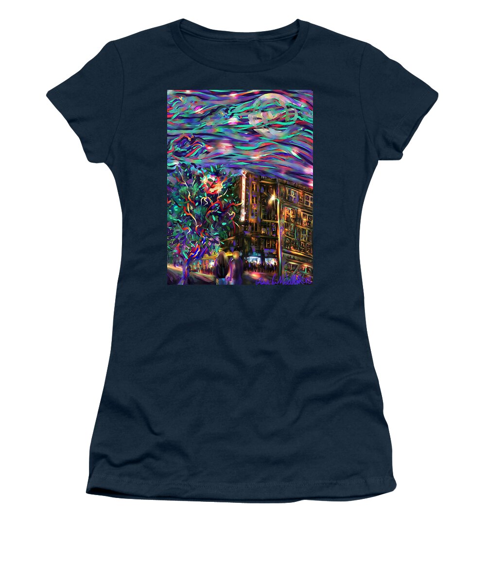 Night Scene Women's T-Shirt featuring the digital art The Aztec Theater Under the Moonlight by Angela Weddle