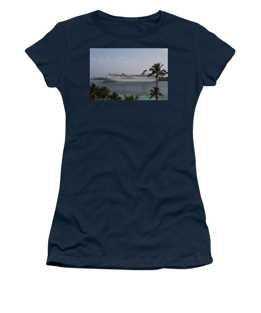 Bahamas Carribian Waterfront Ship Sea Ocean Water Boat Palm Tree Cloud Clouds Peaceful Nice Fantastic Fabulous Beautiful Nature Landscape White Black Vacation Outdoors Photo Plants Tropical Tropics Women's T-Shirt featuring the digital art The Bahamas by Jeanette Rode Dybdahl