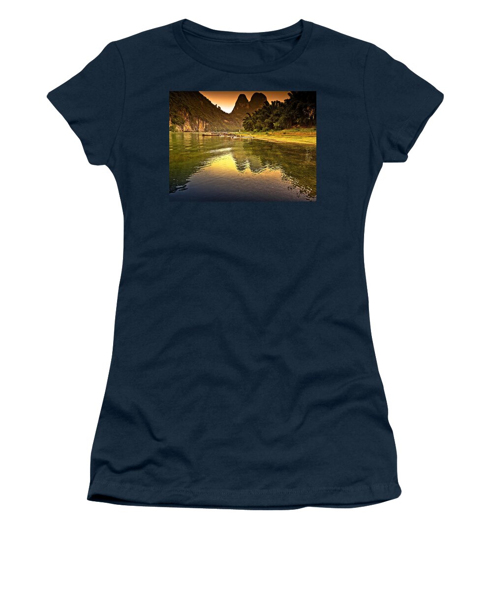 Sunset Women's T-Shirt featuring the photograph The coming complete peace-China Guilin scenery Lijiang River in Yangshuo by Artto Pan