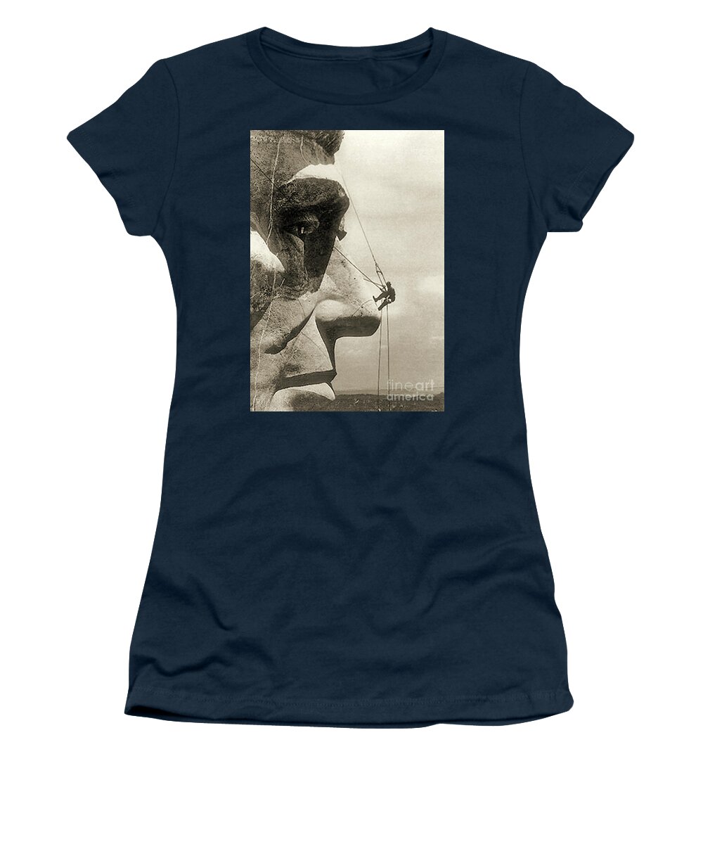 Abraham Lincoln Women's T-Shirt featuring the photograph The construction of The Mount Rushmore National Memorial, detail of Abraham Lincoln,1928 by American School