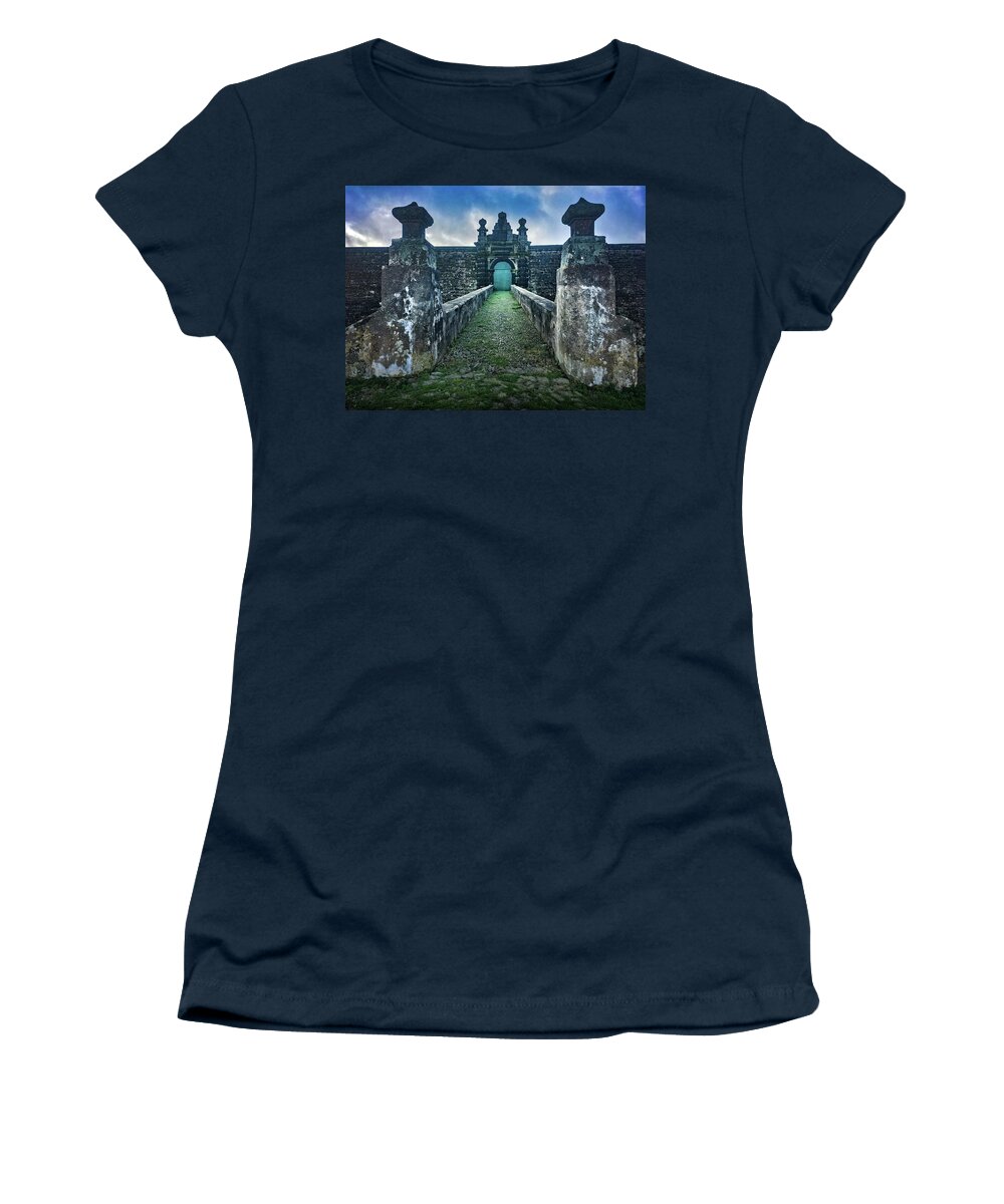 Kelly Hazel Women's T-Shirt featuring the photograph The Entrance to Fortress of Sao Joao Baptista on Monte Brasil by Kelly Hazel