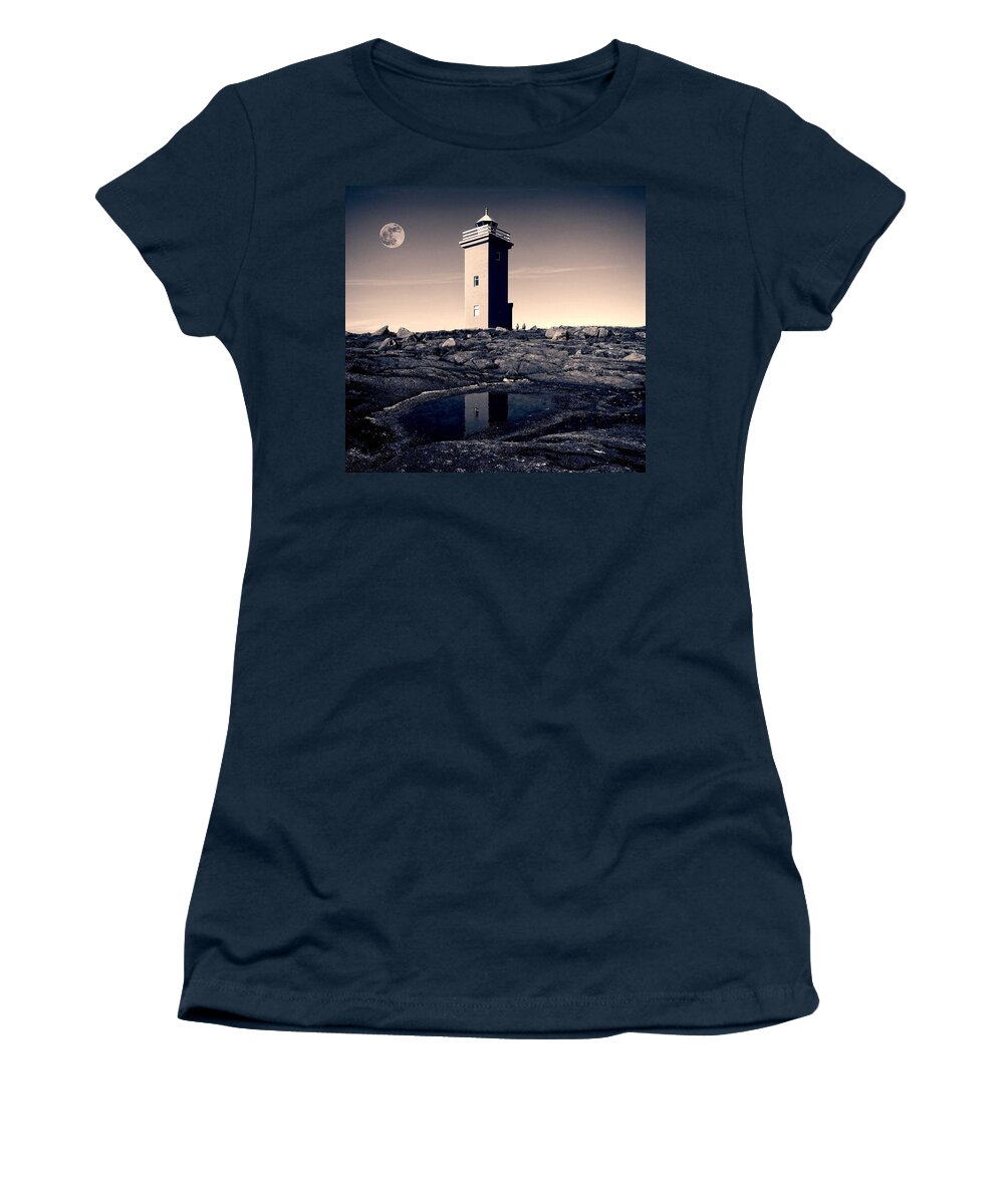 Nature Women's T-Shirt featuring the painting The Full Worm Moon over Keflavik, Iceland by Celestial Images