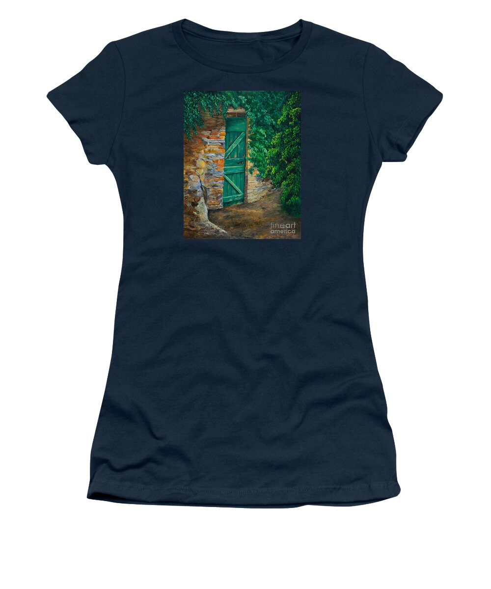 Cinque Terre Italy Art Women's T-Shirt featuring the painting The Garden Gate In Cinque Terre by Charlotte Blanchard