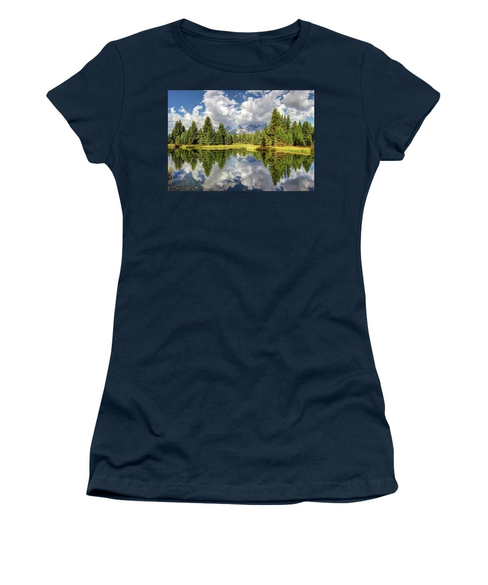 Olena Art Women's T-Shirt featuring the digital art The Grand Tetons National Park Reflection OLena Art Photography by Lena Owens - OLena Art Vibrant Palette Knife and Graphic Design