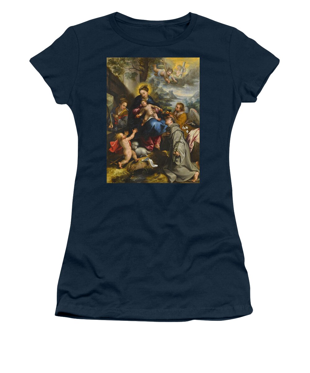 Denys Calvaert Women's T-Shirt featuring the painting The Madonna and Child with Saints Catherine, Dominic and the Infant Saint John the Baptist by Denys Calvaert