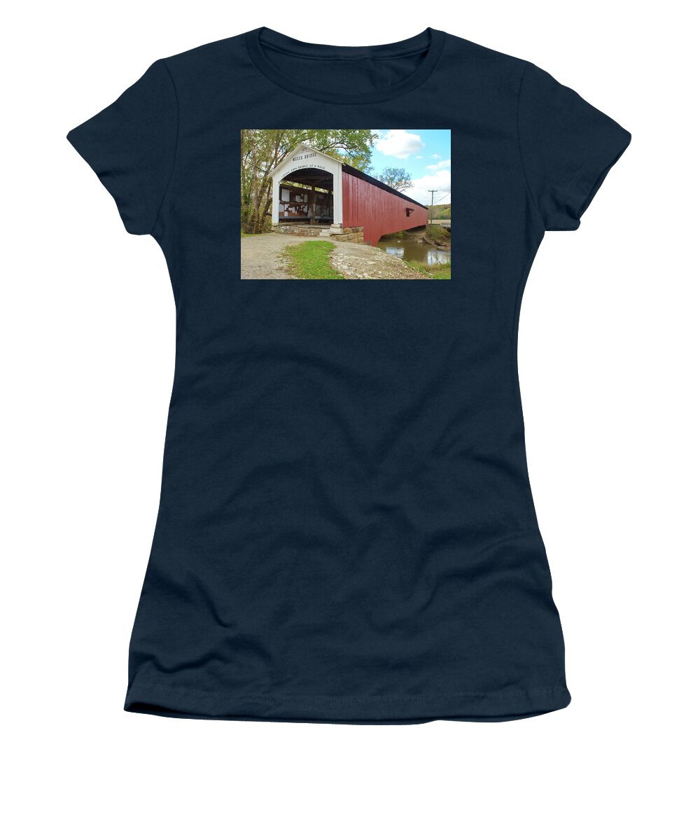 Covered Bridge Women's T-Shirt featuring the photograph The Mecca Covered Bridge by Harold Rau
