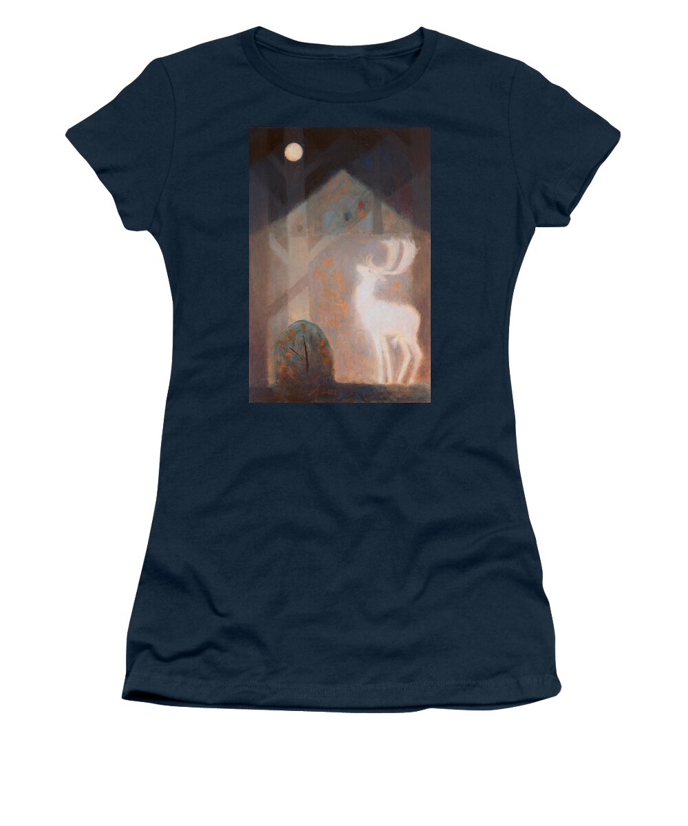 Deer Women's T-Shirt featuring the painting The Night of the White Fallow Deer by Attila Meszlenyi