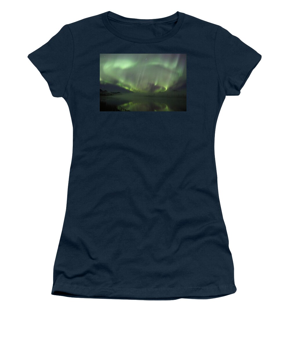 Northern Lights Women's T-Shirt featuring the photograph The Northern Lights Over The Denali Highway's Twin Lakes by Steve Wolfe