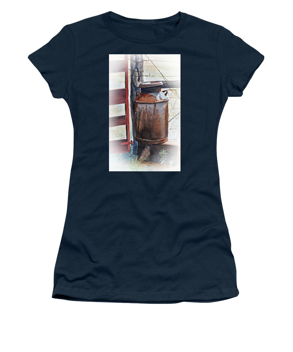 Paintings Women's T-Shirt featuring the painting The Old Milk Bucket by E M Sutherland