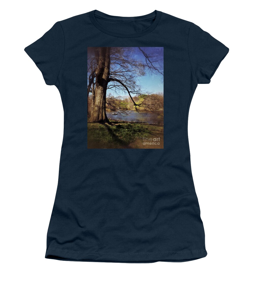 The Venerable Master Of The Forest Waits Women's T-Shirt featuring the photograph The Old Tree - Central Park Lake in Spring by Miriam Danar