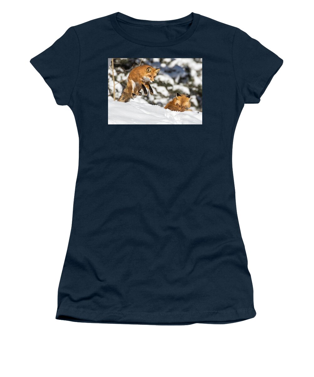 Red Fox Women's T-Shirt featuring the photograph The Perfect Pounce by Mindy Musick King