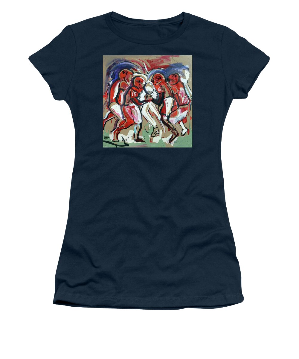 Women's T-Shirt featuring the painting The Tackle by John Gholson