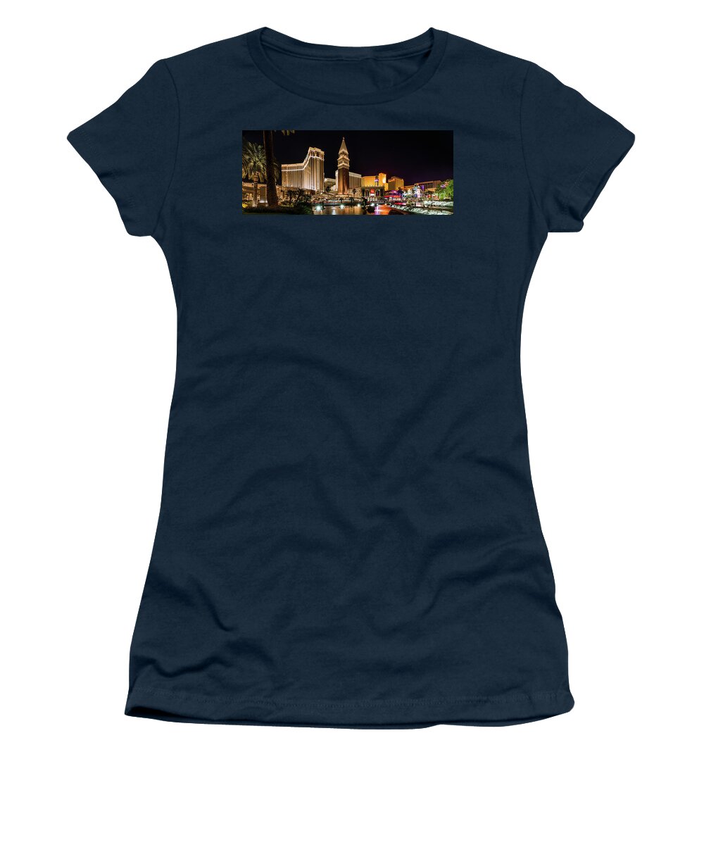 Venetian Women's T-Shirt featuring the photograph The Venetian Casino in Front of the Mirage Lagoon at Night by Aloha Art