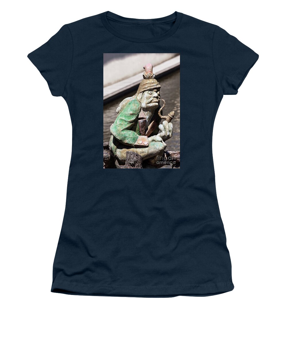 Prague Women's T-Shirt featuring the photograph The water goblin statue guarding Velkoprerovsky Mill on Certovka or Devil's stream. Prague, Czech Republic by Michal Bednarek