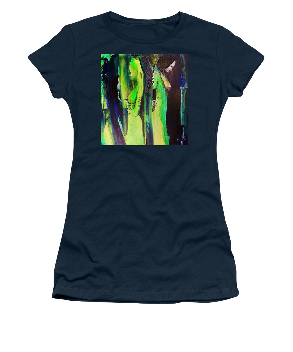 Woman Women's T-Shirt featuring the painting Thoughtful Gathering by Kicking Bear Productions