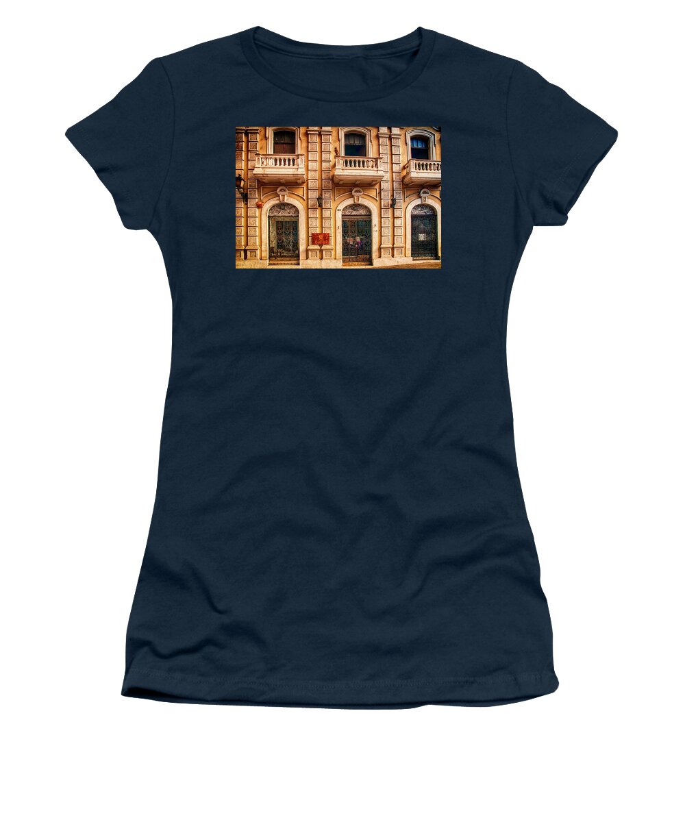 Balconies; Balcony; Street; Doors; San Juan; Puerto Rico; Stone Building Women's T-Shirt featuring the photograph Three Balconies by Mick Burkey